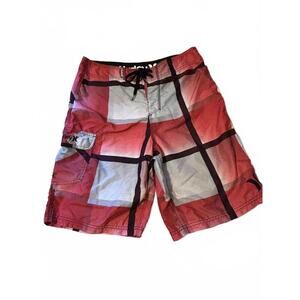 Y2K Hurley Men's Board Shorts Red and Gray Plaid Swim Trunks